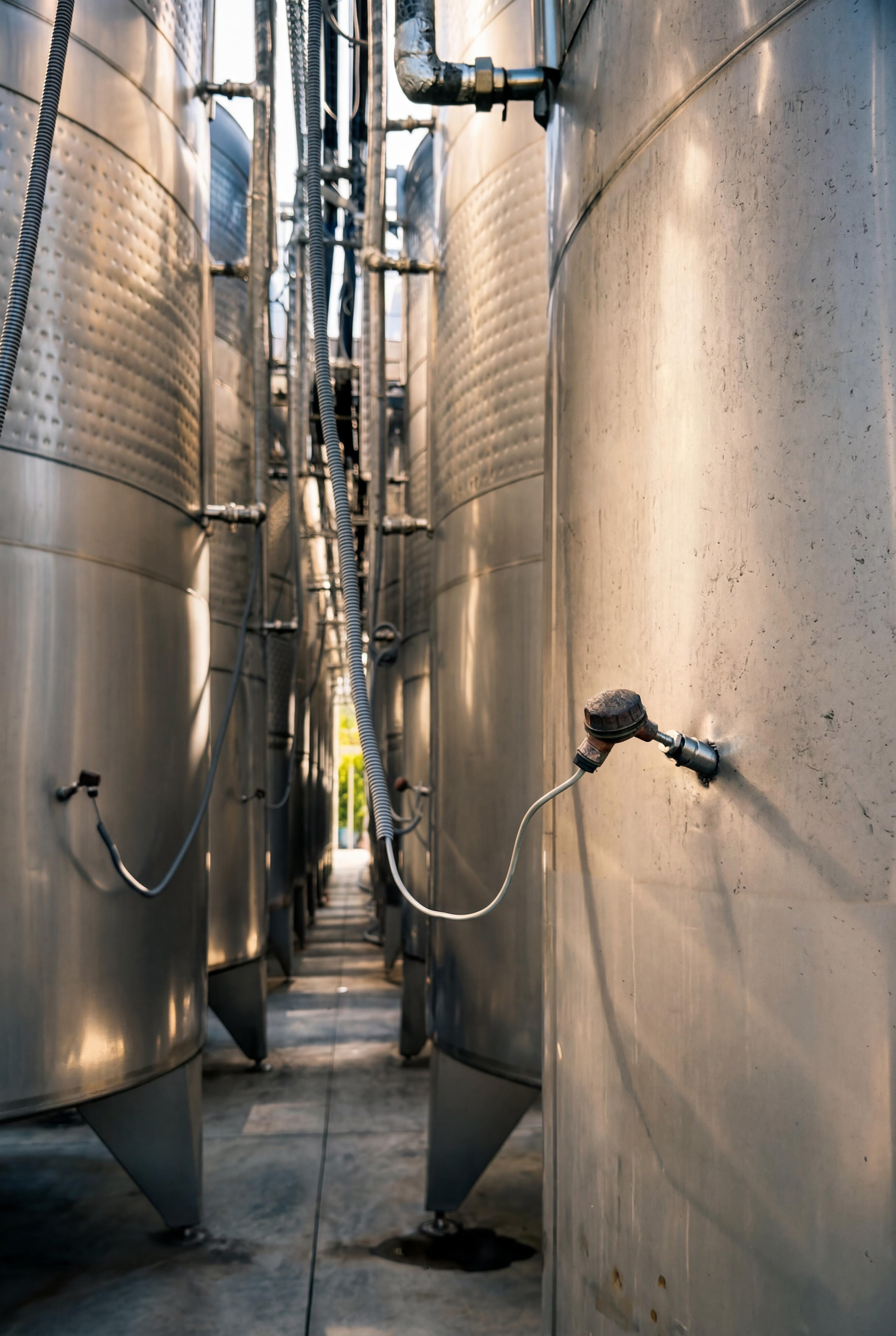 Inside the cellar — stainless steel tanks line a narrow corridor at Aproape