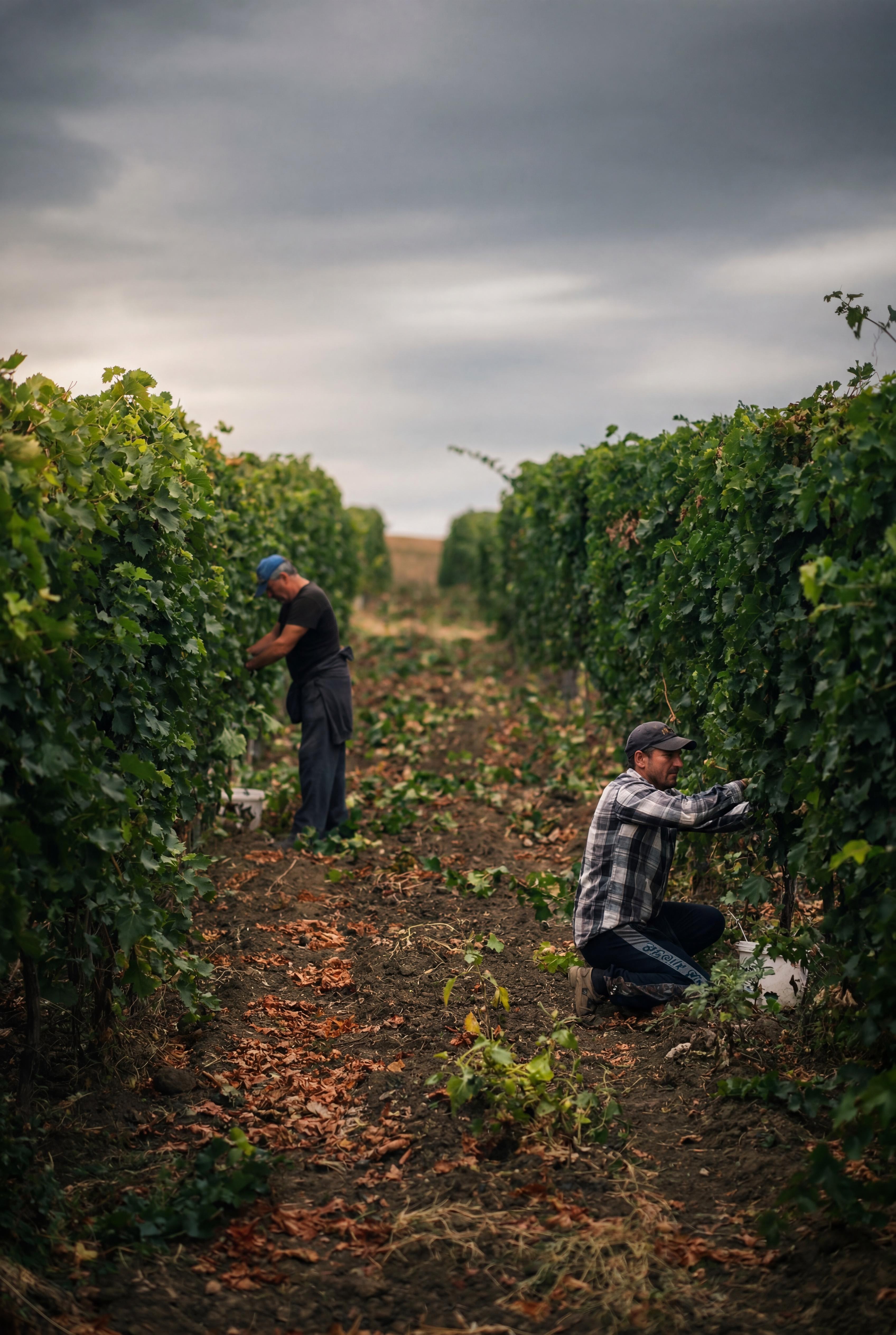 Harvest workers among the vines on an overcast day at Hirova