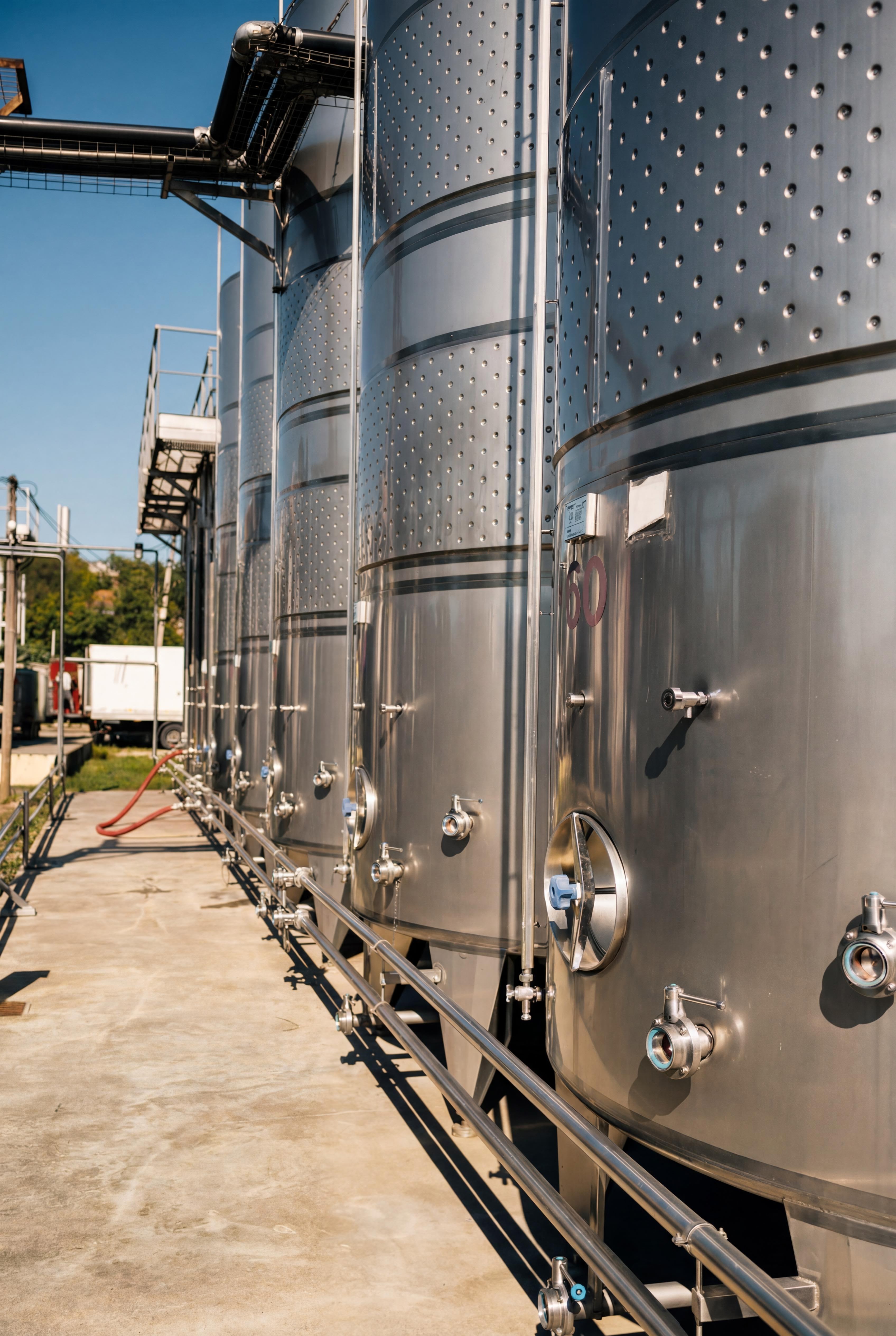 Steel fermentation tanks outside the Aproape cellar