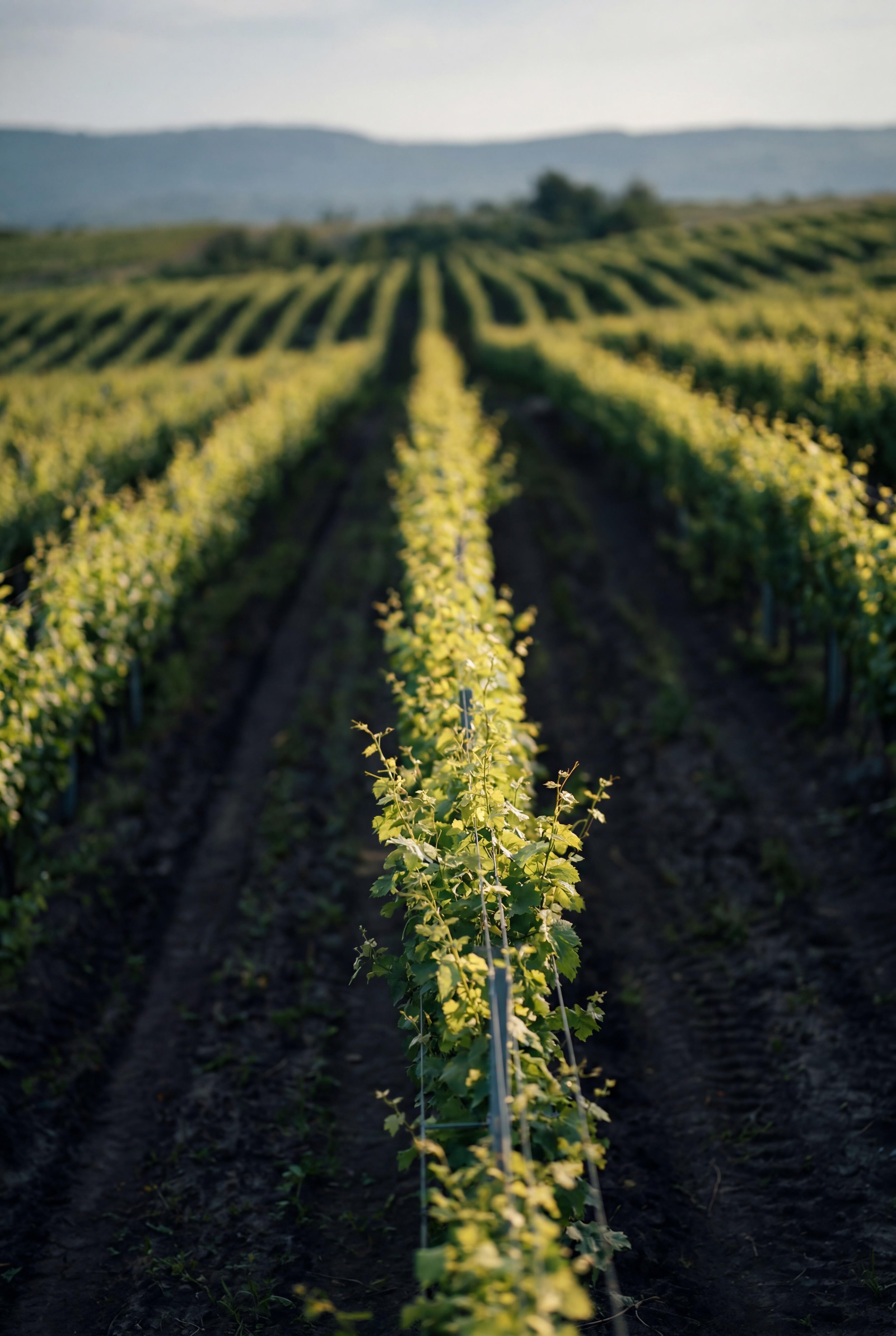 Vine rows stretching toward the horizon at golden hour — Aproape estate, Hirova